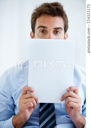 Portrait, business and man with paper, blank and promotion with mockup space, employee or agent. Face, person or worker with billboard sign, professional or corporate with entrepreneur or opportunity 114323173