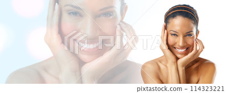 Happy woman, skin and beauty in portrait, double exposure and banner with mockup space on white background. Bokeh, dermatology with skincare, cosmetic care overlay with hands and smile in a studio Happy woman, skin and beauty in portrait, double exposure and banner with mockup space on white background. Bokeh, dermatology with skincare, cosmetic care overlay with hands and smile in a studio 114323221