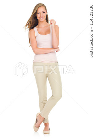 Fashion, portrait or happy woman in studio with style, confidence or positive attitude on white background. Smile, clothes or cheerful female model posing in cool, trendy or comfortable outfit choice 114323236