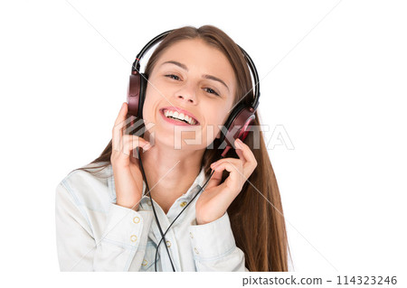 Portrait, smile and woman with headphones for music, podcast or album in studio isolated on white background. Face, radio and happy person listening to audio, sound and streaming song with technology Portrait, smile and woman with headphones for music, podcast or album in studio isolated on white background. Face, radio and happy person listening to audio, sound and streaming song with technology 114323246