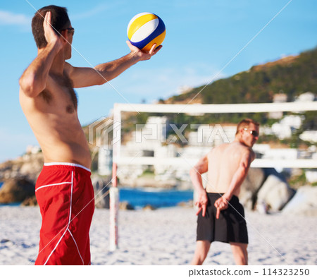 Beach, volleyball serve and sports team signal in outdoor game, challenge competition or partner practice match. Men, collaboration people and blocked hand sign communication for contest strategy 114323250