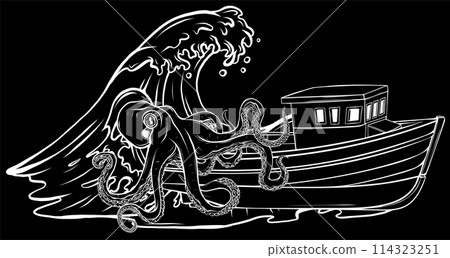 white silhouette of Fishing boat on sea vector illustration design white silhouette of Fishing boat on sea vector illustration design 114323251