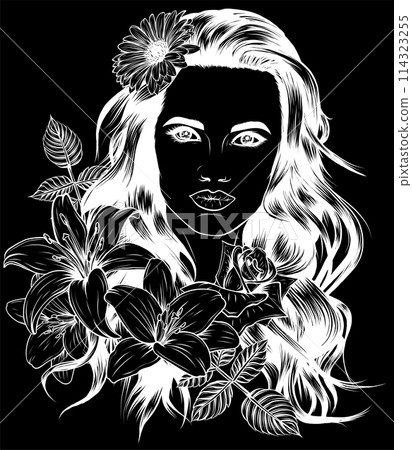 white silhouette of portrait of young beautiful woman with flowers on black background white silhouette of portrait of young beautiful woman with flowers on black background 114323255