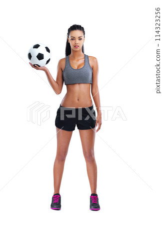 Soccer player, portrait and woman with ball by white background for match, game or kick off in studio. Sports, football and confident female person for training, workout or fitness on mockup space Soccer player, portrait and woman with ball by white background for match, game or kick off in studio. Sports, football and confident female person for training, workout or fitness on mockup space 114323256