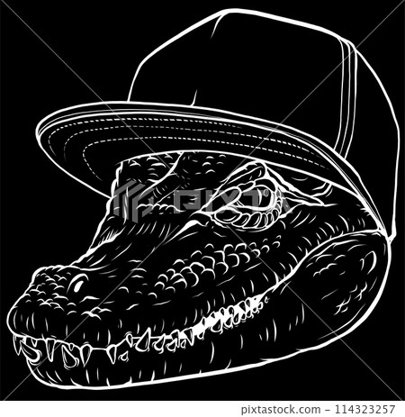 white silhouette of crocodile with hat on black background vector illustration design white silhouette of crocodile with hat on black background vector illustration design 114323257