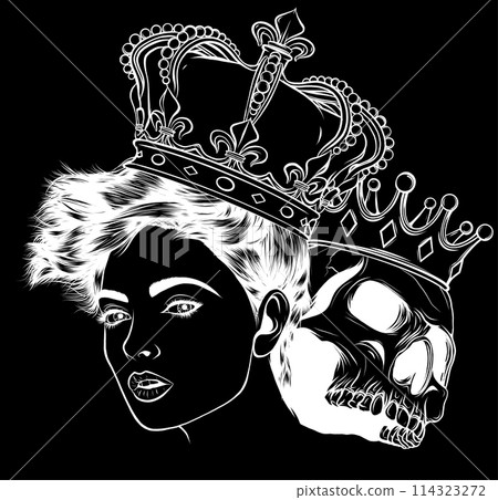 white silhouette of king skull with queen skull on black background vector illustration white silhouette of king skull with queen skull on black background vector illustration 114323272