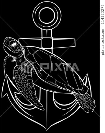 white silhouette of sea turtle with anchor on black background 114323275