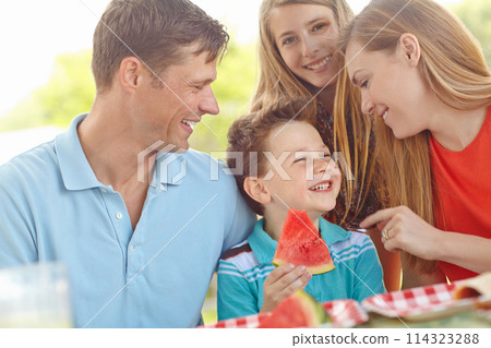 Spending time outdoors together. Happy attractive family having a picnic in the park. 114323288