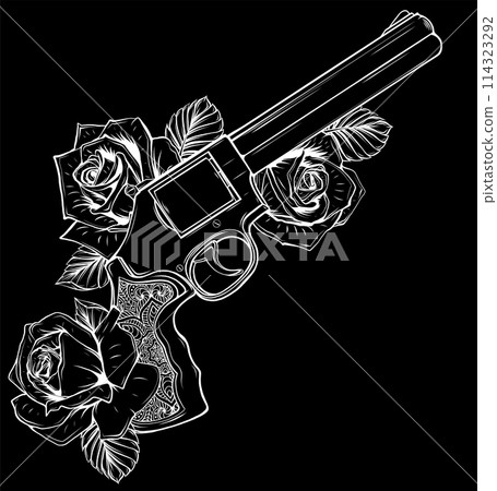 white silhouette of Gun and rose on black background illustration white silhouette of Gun and rose on black background illustration 114323292