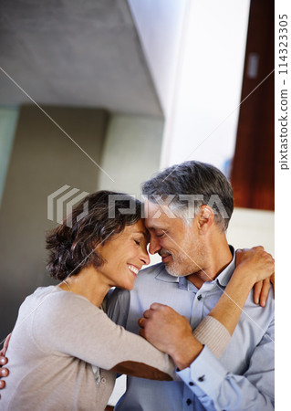 Love, trust and mature couple hug in house with care, support or soulmate connection while bonding. Happy, safety or people embrace at home for romance, security or sharing moment, dance or gratitude Love, trust and mature couple hug in house with care, support or soulmate connection while bonding. Happy, safety or people embrace at home for romance, security or sharing moment, dance or gratitude 114323305