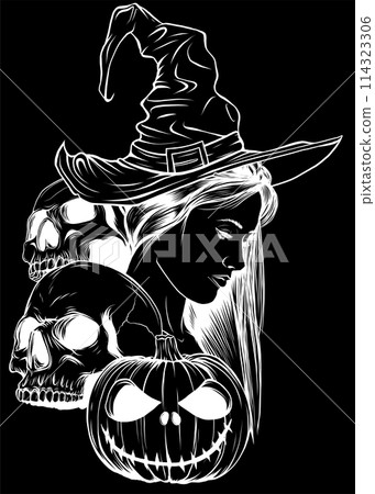 white silhouette of Halloween with witch skull and pumpkin on black background white silhouette of Halloween with witch skull and pumpkin on black background 114323306