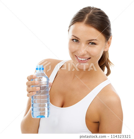 Portrait, happy woman and water bottle in studio for Fitness break, energy and detox on white background. Sports, athlete and drinking liquid for hydration, nutrition or healthy recovery for exercise Portrait, happy woman and water bottle in studio for Fitness break, energy and detox on white background. Sports, athlete and drinking liquid for hydration, nutrition or healthy recovery for exercise 114323321
