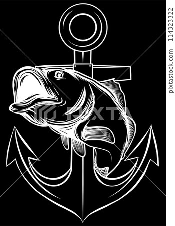 white silhouette of bass fish with anchor on black background 114323322