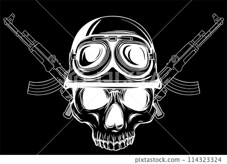 white silhouette of skull in helmet soldier with army on black background 114323324