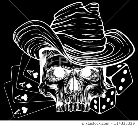 white silhouette of skull with hat and poker ace on black background 114323329