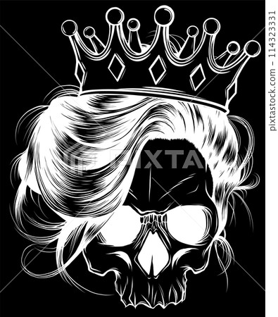 white silhouette of Skull girl with a crown on black background. vector illustration design 114323331