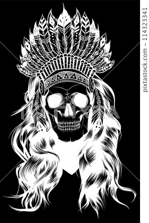 white silhouette of skull head with the Indian hat on black background white silhouette of skull head with the Indian hat on black background 114323341