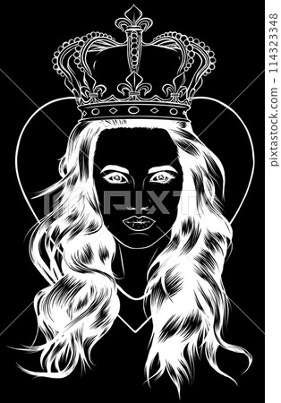white silhouette of Beautiful girl with long hair in a crown on black background 114323348