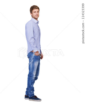 Fashion, handsome and portrait of man in studio with casual, classy and trendy outfit. Smile, happy and full body of attractive young male model with cool and edgy style isolated by white background. 114323399