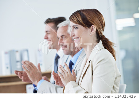 Business people, applause and support with praise and audience, presentation or seminar for reward or winner. Clapping hands, congratulations and team pride, workshop in conference room and success 114323429