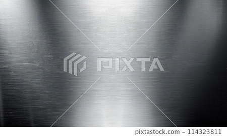 Grey metal sheet background, panoramic shiny stainless steel plate, abstract silver smooth surface. Theme of aluminum, chrome, texture and platinum materia 114323811
