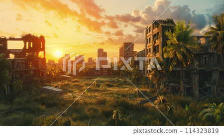 Post apocalyptic view of destroyed abandoned city at sunset, buildings overgrown with plants many years after end of world. Theme of apocalypse, destruction, future, dystopia 114323819