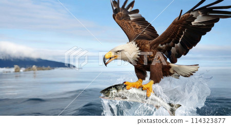 AI-generated image of a Steller's sea eagle catching a salmon and flying over drift ice 114323877