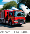 A big red fire engine on the scene of a fire 114324046