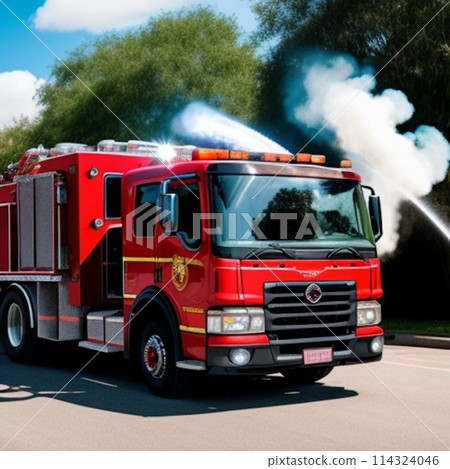 火災現場的一輛大型紅色消防車 火災現場的一輛大型紅色消防車 114324046