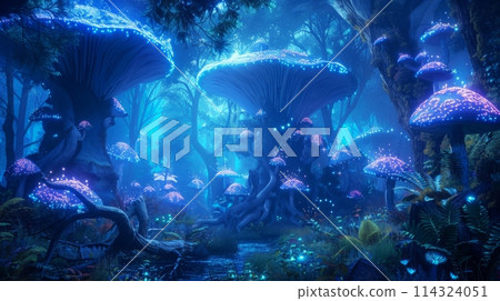 An electric blue underwater reef filled with marine biology in the darkness An electric blue underwater reef filled with marine biology in the darkness 114324051
