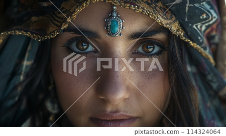 a close up of a woman wearing a turban and a turquoise pendant on her forehead 114324064