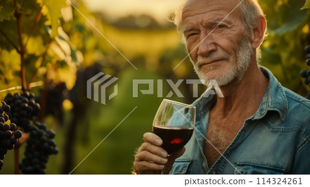 Elderly man holding red wine glass in vineyard, enjoying happy moment 114324261