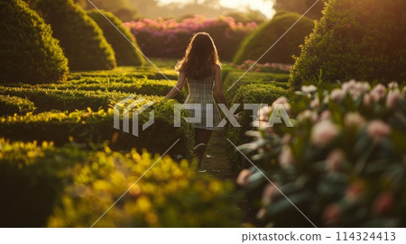 A happy woman strolling through a natural landscape garden in a white dress A happy woman strolling through a natural landscape garden in a white dress 114324413