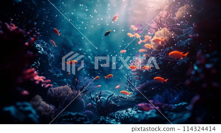 Electric blue fish swim near a coral reef in the dark ocean landscape 114324414