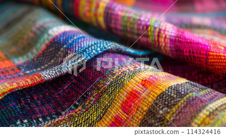 Close up of a vibrant purple woolen blanket with a creative plaid pattern 114324416