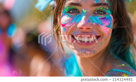 A woman, with electric blue paint on her face, is smiling happily at the camera 114324491