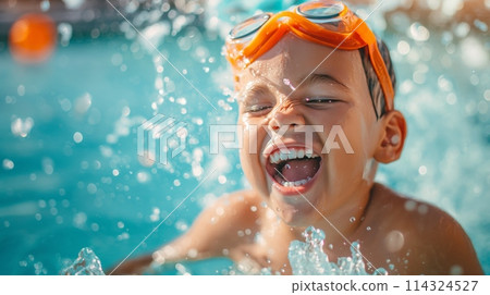 Boy with goggles splashing in pool, face covered in water, smiling with joy Boy with goggles splashing in pool, face covered in water, smiling with joy 114324527