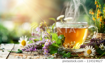 Tea infused with flower petals, served in a drinkware, placed on a wooden table Tea infused with flower petals, served in a drinkware, placed on a wooden table 114324627
