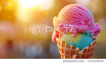 Closeup of a rainbow ice cream cone with natural fruit ingredients Closeup of a rainbow ice cream cone with natural fruit ingredients 114324629