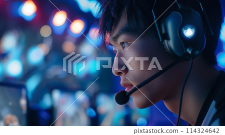 a man wearing headphones and a microphone is playing a video game 114324642