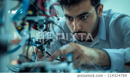 A man with a beard is engineering a machine in the lab A man with a beard is engineering a machine in the lab 114324784