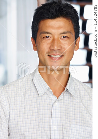 Portrait, man and smile in creative office, entrepreneur career and workplace. Happy, professional and Asian male person in business, confident staff member and proud Japanese people in workspace Portrait, man and smile in creative office, entrepreneur career and workplace. Happy, professional and Asian male person in business, confident staff member and proud Japanese people in workspace 114324785