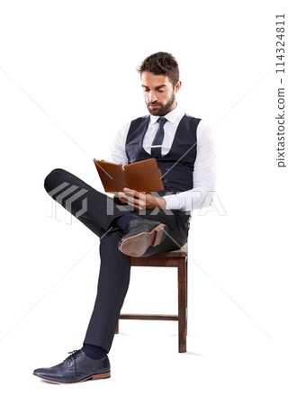Studio, tablet and man with chair, formal and business for style and fashion. Professional, lawyer or attorney with corporate, technology and consultant with suit isolated on white background 114324811
