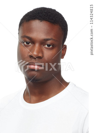 Portrait, studio and black man with tshirt, serious and closeup on face for clothes. African male person, confident and style for aesthetic of fashion, casual and cool as model in white background 114324815