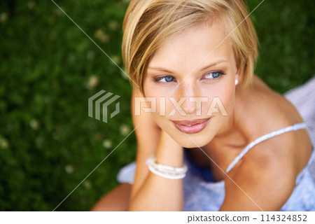 Thinking, outdoor and woman with nature, relax and happiness with ideas, daydreaming and summer. Park, person and girl with wonder, fresh air and calm with peace, grass and environment with decision 114324852