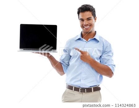 Business man, laptop and pointing at mockup screen for advertising, ads and info with tech in studio. Software, UX and marketing for web design with presentation or slideshow on white background Business man, laptop and pointing at mockup screen for advertising, ads and info with tech in studio. Software, UX and marketing for web design with presentation or slideshow on white background 114324863