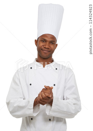 Portrait, black man and confident chef in studio isolated on a white background. Face, cooking professional and young African person, baker and restaurant worker in hat with catering job in Nigeria 114324923