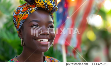 A scarfclad woman smiles in front of an American flag, radiating happiness 114325030