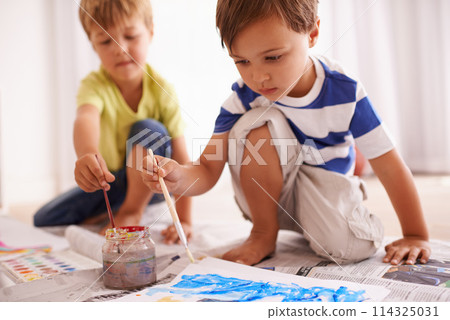 Creative, boys and painting in playroom for child development, art project or homework together. Little friends, brush and drawing on paper for learning, education and bonding activity in home Creative, boys and painting in playroom for child development, art project or homework together. Little friends, brush and drawing on paper for learning, education and bonding activity in home 114325031