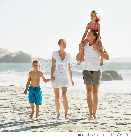 Parents, children and happiness for bonding at beach on vacation, summer and smile in Florida. Family, kids and hot weather with laugh for travel on vacation, trip and break at sea for care. Parents, children and happiness for bonding at beach on vacation, summer and smile in Florida. Family, kids and hot weather with laugh for travel on vacation, trip and break at sea for care. 114325035